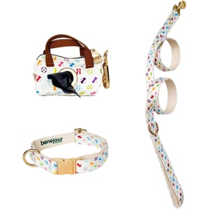 image:imageGreen Pet Bonejour Bundle White  Standard Size  Includes Bag Dispenser 960 Waste Bags Collar amp Leash in Signature Pooie Vuiton PrintWhite